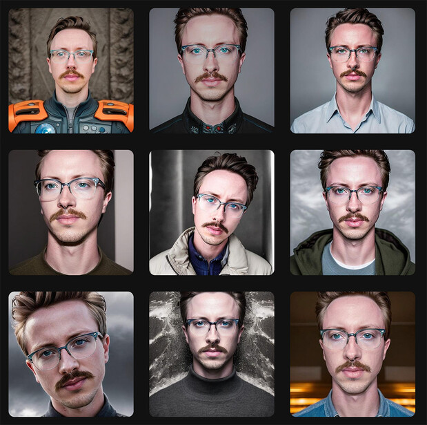 Grid of nine portrait photographs showing different men with varying facial hair, eyewear, and lighting setups.