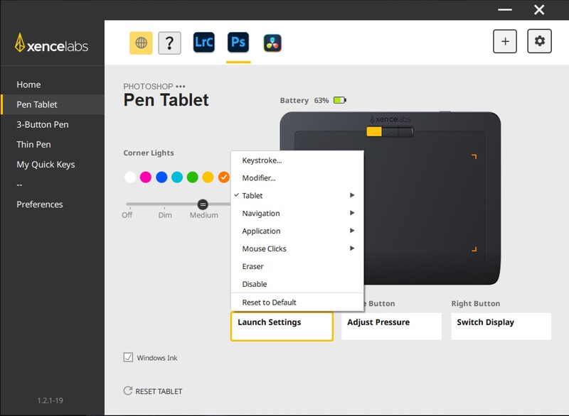 Screenshot of Xence Labs Pen Tablet software interface with stylus pressure settings and device controls displayed.