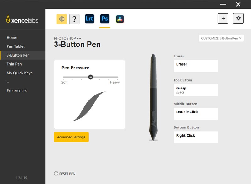 Screenshot of Xencelabs 3-Button Pen customization interface showing pressure sensitivity slider and button assignment options.
