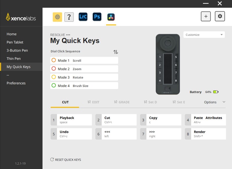 Screenshot of Xence Labs software showing My Quick Keys panel with four customizable modes and a remote control interface.
