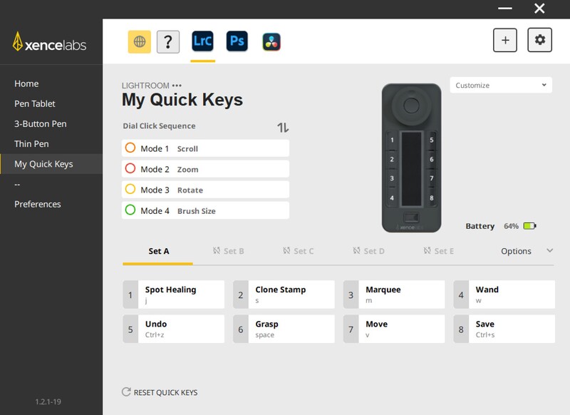 Screenshot of Xence Labs quick keys configuration panel showing four modes and customizable function buttons.