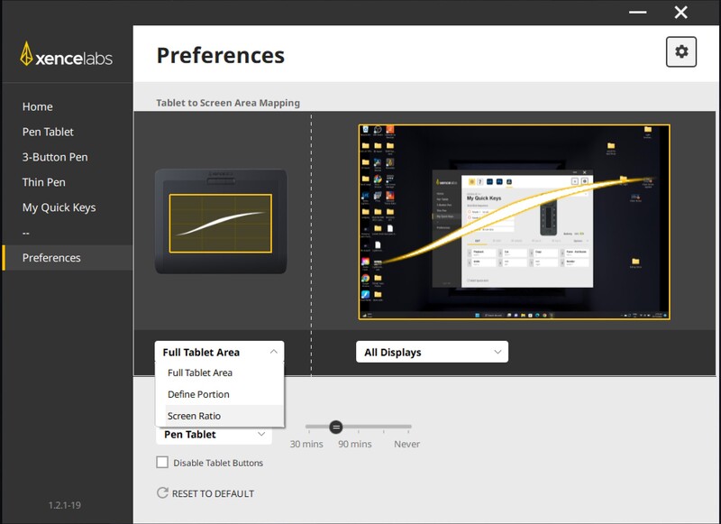 Screenshot of Xencealabs Preferences window showing pen tablet settings and display mapping options.