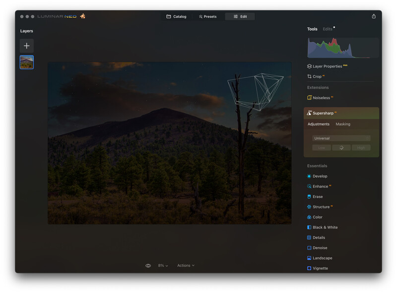 Screenshot of photo editing software showing landscape image with mountain and forest during golden hour.