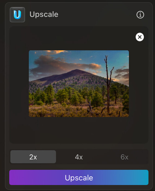 Screenshot of Upscale software interface showing a landscape photograph with upscaling options at 2x, 4x, and 6x magnification.