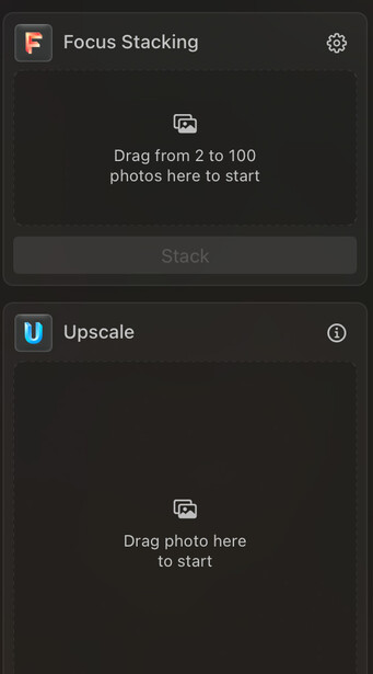 Screenshot of Focus Stacking and Upscale tools in photo editing software interface.