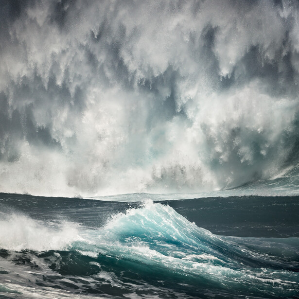 Dramatic seascape with a turquoise wave cresting beneath a roiling sky of dark clouds and white foam.