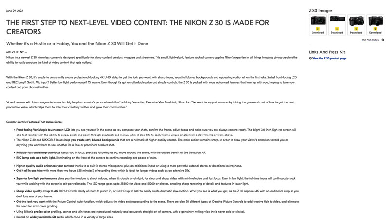 A typical Nikon or Canon press release includes a lot of text and a few token images of the camera, but nothing shot with the camera.