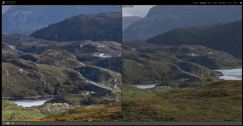 Side-by-side comparison of the same mountain landscape showing different color grades and tonal ranges.