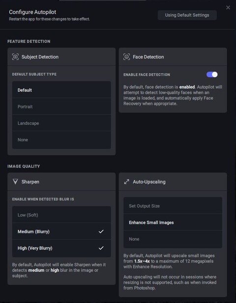 Screenshot of Configure Autofocus settings panel with detection modes and image quality options.