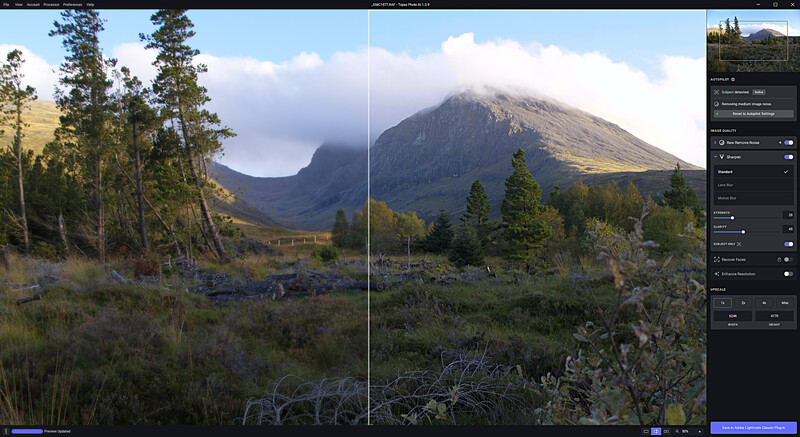 Before-and-after comparison of mountain landscape photo editing showing original and enhanced versions side by side.