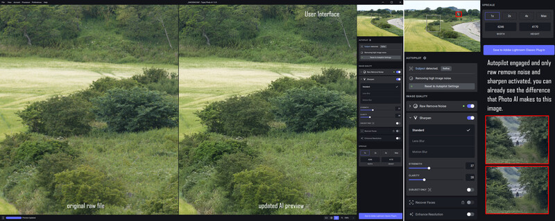Screenshot showing AI photo editing interface comparing original and processed aerial landscape images.