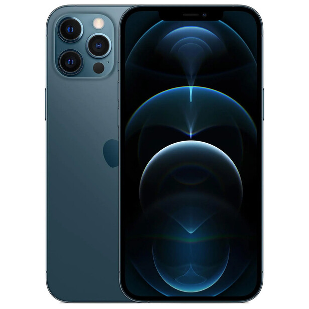 iPhone 12 Pro in Pacific Blue showing triple-lens rear camera system and display with blue geometric wallpaper.