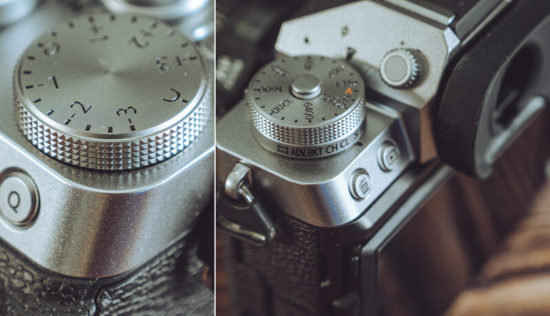 Close-up detail shots of vintage camera top plates with aperture and shutter speed dials.