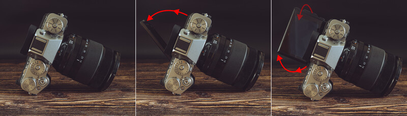Three-step sequence demonstrating camera strap attachment and positioning on a rangefinder camera with lens.