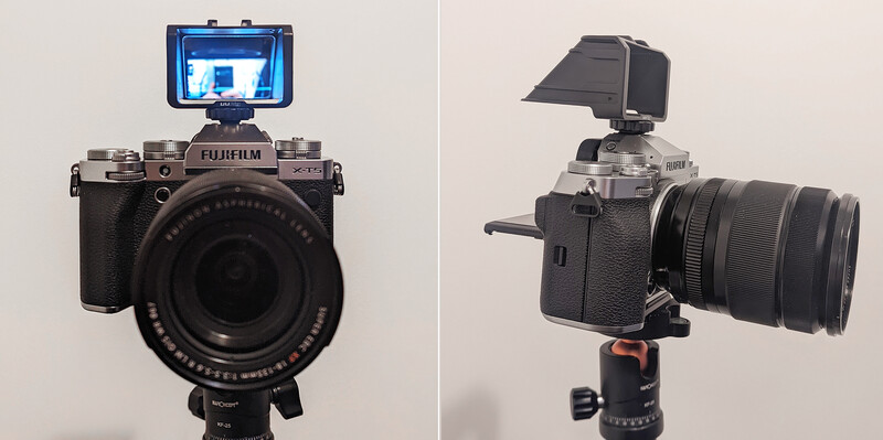 Side-by-side comparison of two mirrorless cameras with external monitors and accessories mounted on tripods.