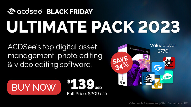 Promotional graphic for ACDSee Black Friday Ultimate Pack 2023 software bundle.
