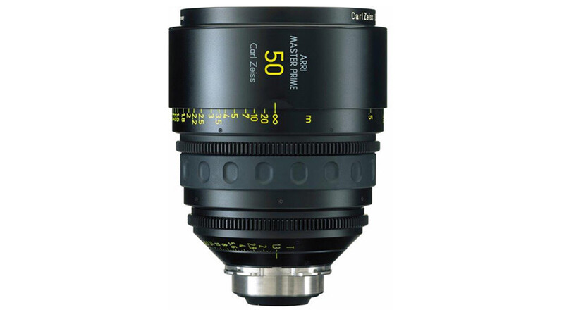 Zeiss Master Prime 50mm cinema lens with barrel focus and aperture rings against white background.