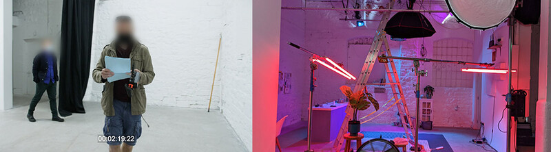 Split-screen comparison of studio setup: left side shows white minimalist space with person holding tablet; right side displays neon-lit creative workspace with red and blue lighting.