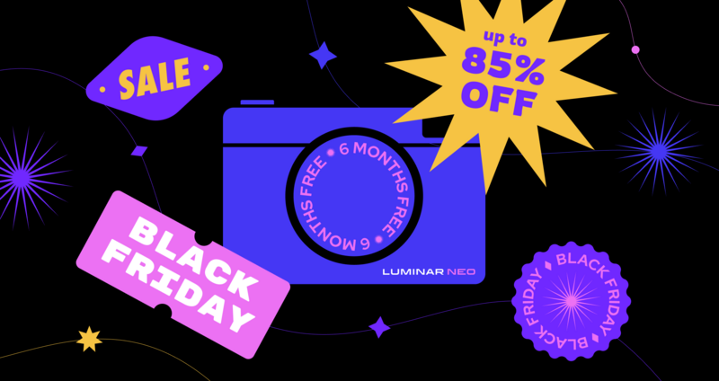 Graphic illustration of Luminar Neo camera software box with Black Friday promotional badges and up to 85% off sale messaging.