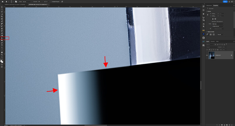 Screenshot of Photoshop showing a high-contrast architectural image with blown-out highlights and deep shadows.