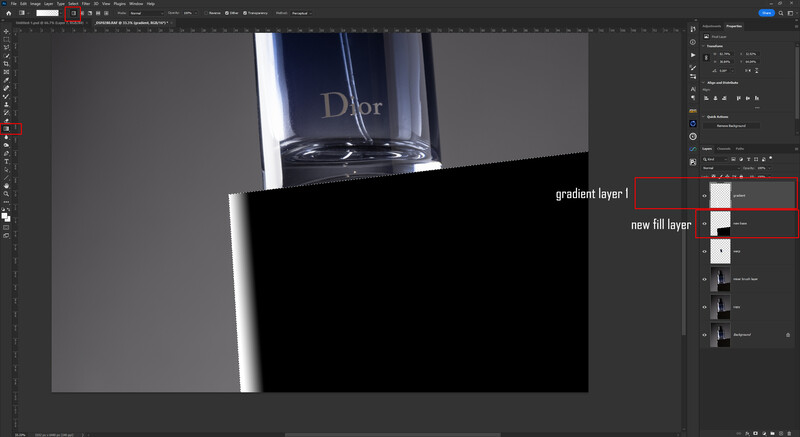 Screenshot of Photoshop editing interface showing a product image of a luxury fragrance bottle with gradient and fill layers visible in the layers panel.