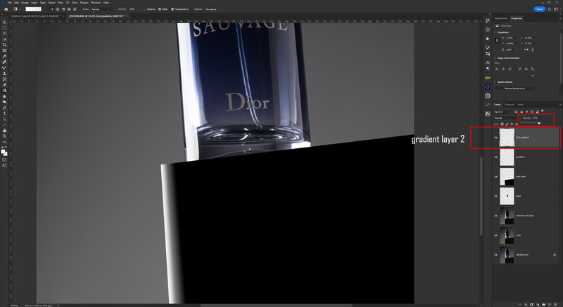 Screenshot of Photoshop workspace showing product photography of a luxury fragrance bottle with gradient layer adjustments.