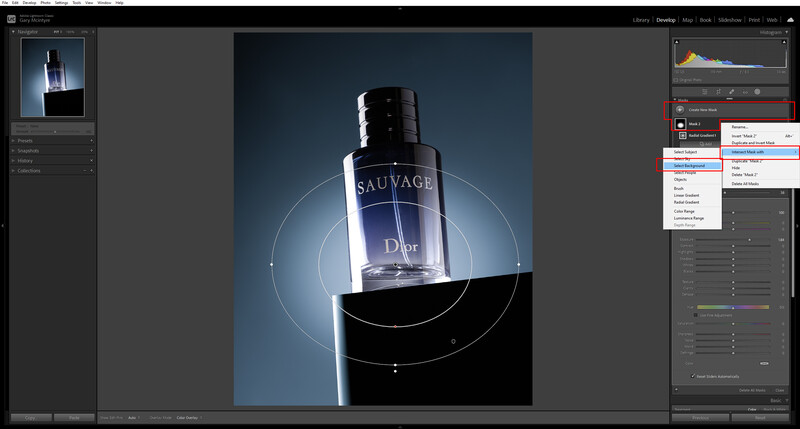 Screenshot of product photography editing interface showing a fragrance bottle with dramatic lighting and circular light effect.