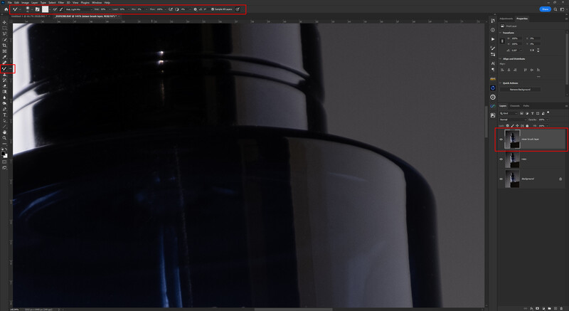 Screenshot of Adobe Lightroom or similar photo editing software with a dark, high-contrast image of cylindrical glass objects displayed in the main editing canvas.