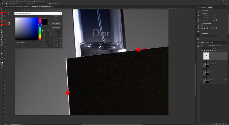 Screenshot of Photoshop with a luxury fragrance bottle product image positioned on canvas with selection handles visible.