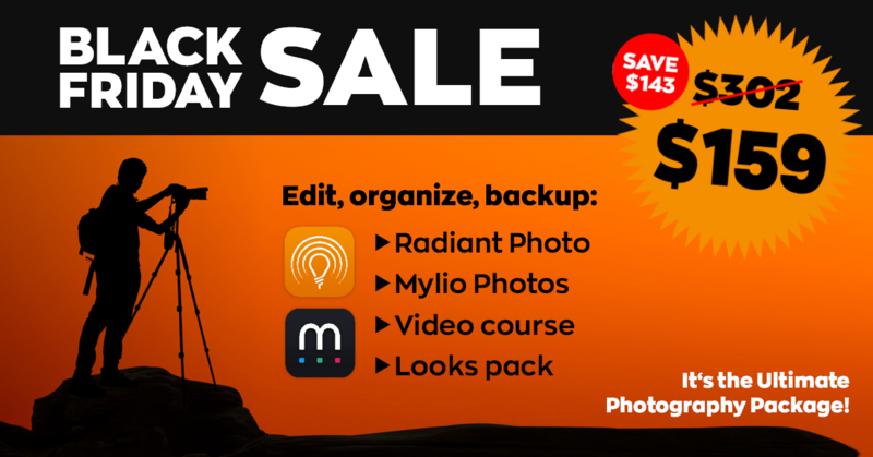 Black Friday sale graphic promoting photography software bundle at $159, discounted from $302.