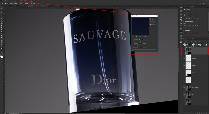 Screenshot of product photography editing workflow in Adobe Photoshop showing a luxury fragrance bottle.