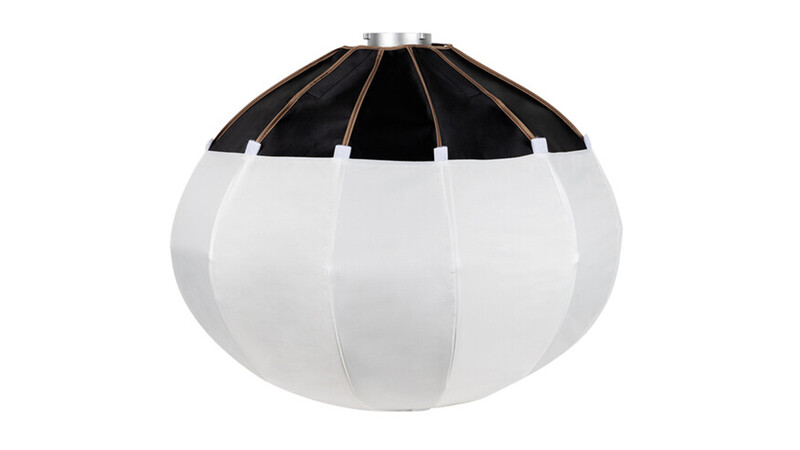 Spherical softbox with black top cap and white translucent diffusion panels arranged in vertical segments.