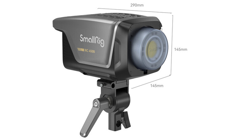 SmallRig RC-60B spotlight with dimensions marked, mounted on a compact tripod stand.