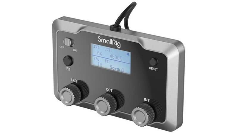 SmallRig wireless control unit with LCD screen, three control knobs, and antenna cable.