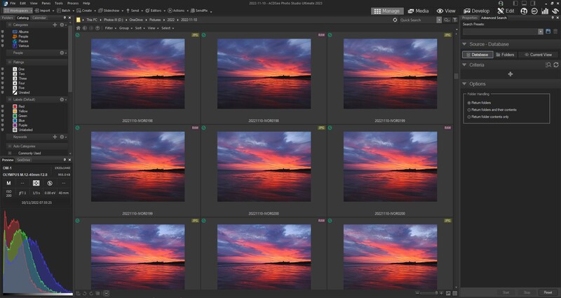 Screenshot of photo editing software displaying nine sunset landscape images in grid layout with histogram panel.