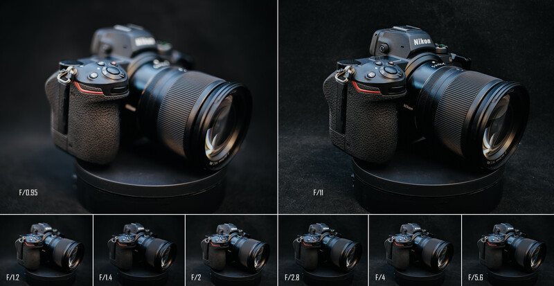 Nikon DSLR camera with telephoto lens shown at different aperture settings from f/1.85 to f/56.