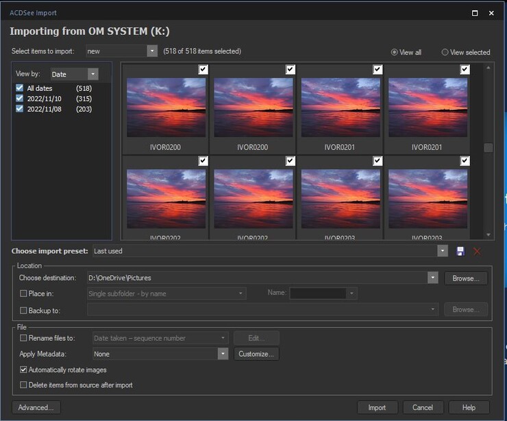 Screenshot of Adobe Lightroom's import dialog showing eight sunset landscape photos with purple and orange tones.