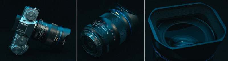 Three angled views of a mirrorless camera with interchangeable lens and lens hood against dark background.