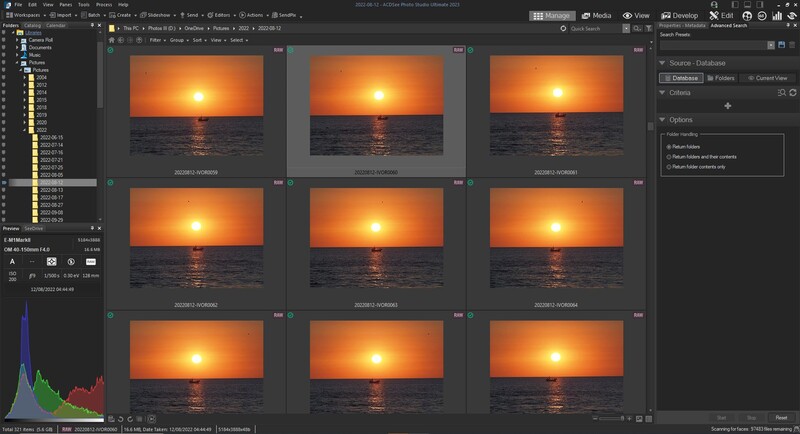Screenshot of Lightroom's grid view displaying nine sunset photographs with similar compositions and warm orange tones.