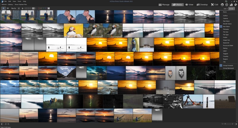 Screenshot of photo management software displaying organized grid of landscape and seascape images with sunset and golden hour lighting.