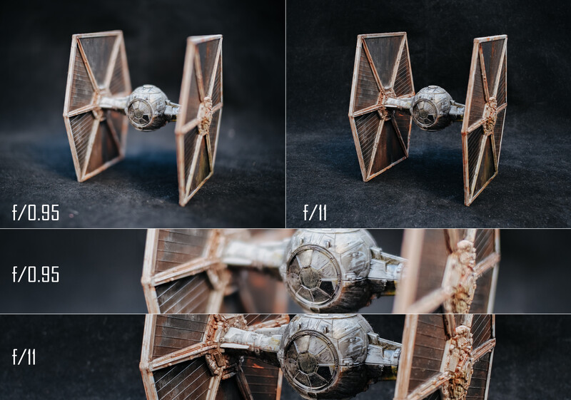 TIE fighter spacecraft model photographed at two different apertures showing depth of field comparison.