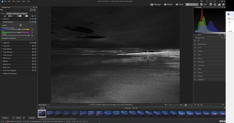 Screenshot of Adobe Lightroom Classic showing black and white landscape photo with histogram and filmstrip panel.