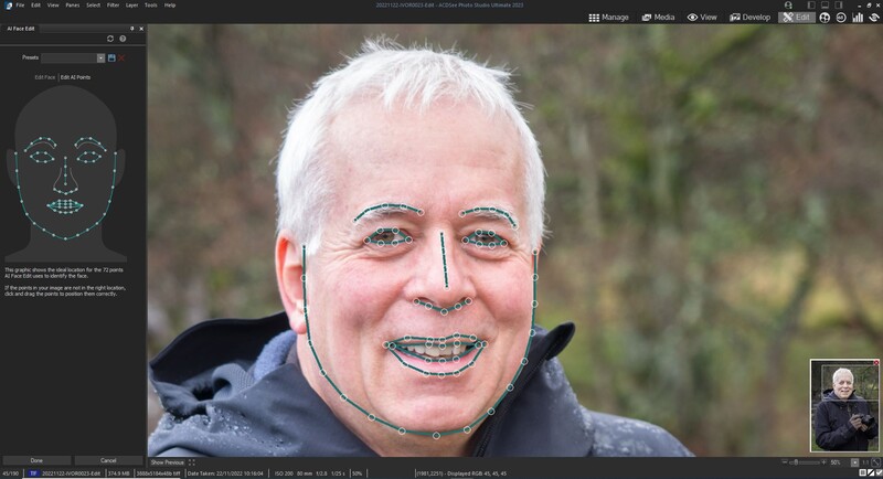 Screenshot of portrait editing software with facial recognition mesh overlay on smiling subject.