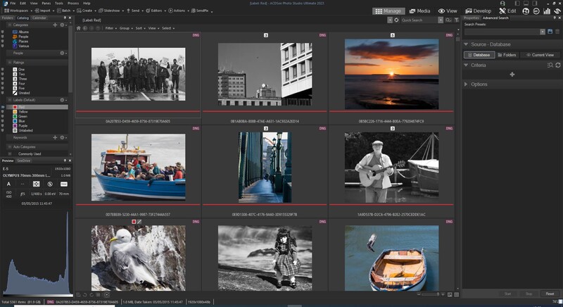 Screenshot of photo editing software showing a grid of nine diverse photographs in various genres and styles.