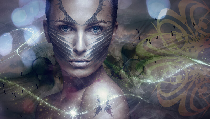 Digital composite illustration featuring a stylized face with geometric markings overlaid with ethereal landscape and particle effects.