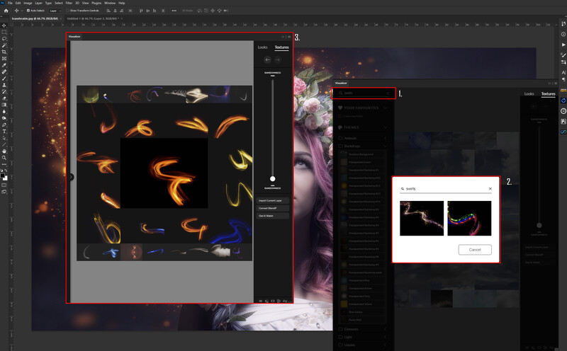 Screenshot of photo editing software with abstract light trails and particle effects displayed across multiple windows and panels.