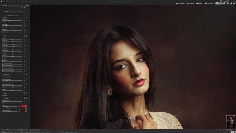 Woman with long dark hair against a warm brown background, gazing downward with soft studio lighting.
