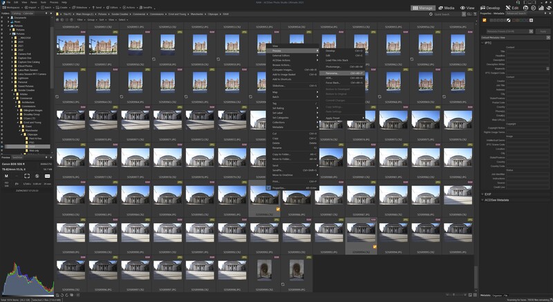 Screenshot of photo management software displaying a grid of architectural photography thumbnails organized in a contact sheet layout.