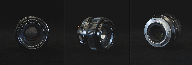 Three vintage camera lenses displayed against a black background, shown from front and side angles.