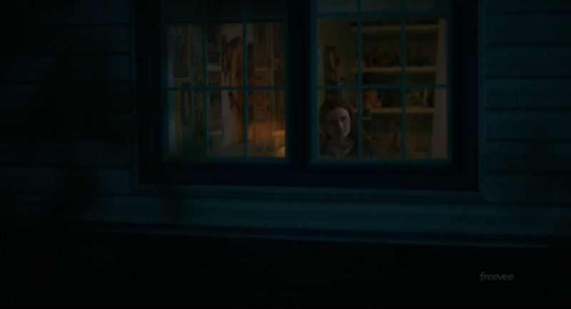 Dimly lit interior window view showing a person silhouetted against warm interior lighting with bookshelves visible in background.